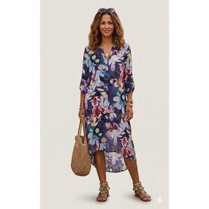 Cable & Gauge Women's Tunic Top Size Large Floral V-Neck Roll Tab Sleeves